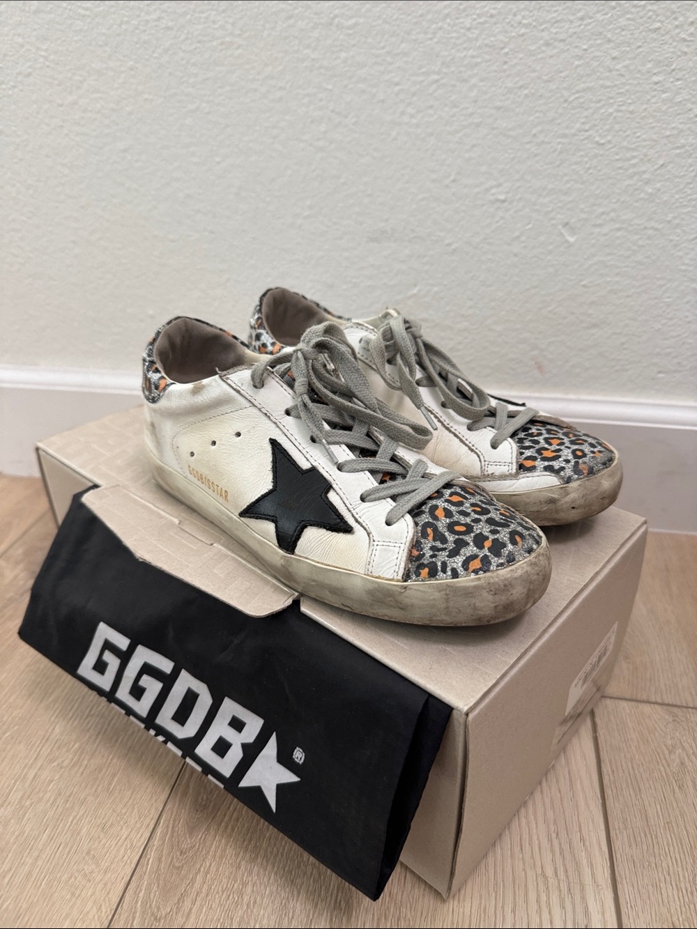 Golden Goose Women's White Sneakers with Black Star and Leopard Toe